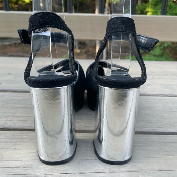 Karl Lagerfeld black suede & silver chunky heel platform ankle strap sandals 38 - Picture 8 of 16